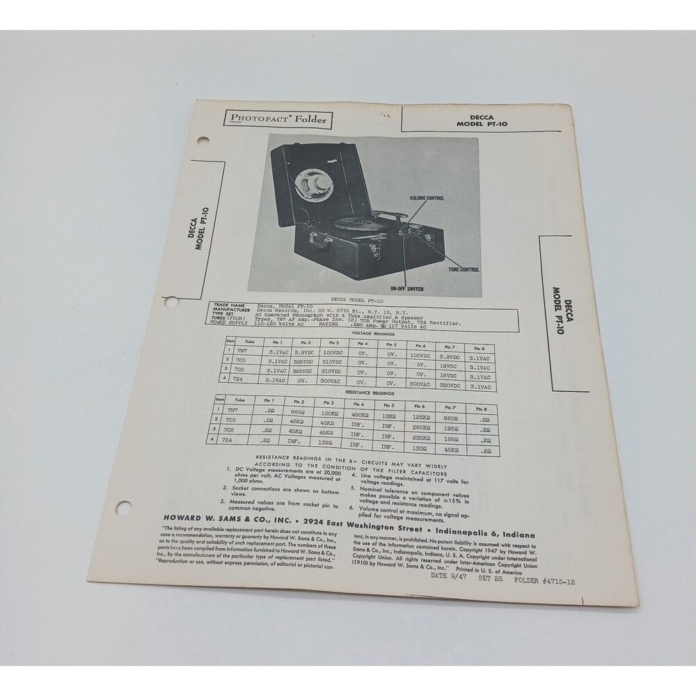 VTG Howard Sams 1947 Radio Photofact Folder Decca Model PT - 10 PT-10